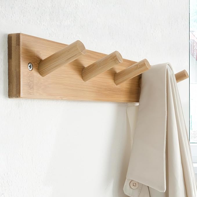SKOLOO Wooden Wall Mounted Coat Rack, 5 Pegs Bamboo Wall Hook - Image 2
