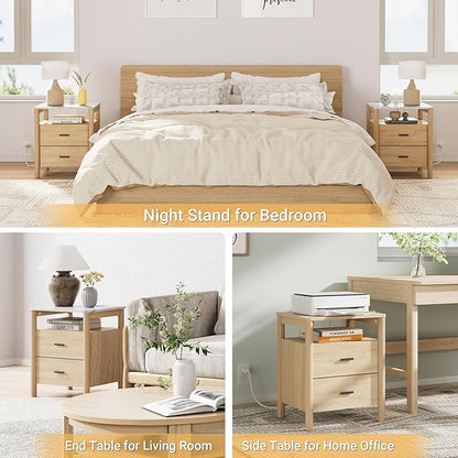 Night Stand Set of 2 with Charging Station, 2 Drawers End Table with Solid - Image 6