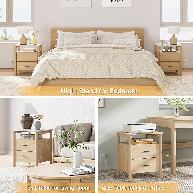 Night Stand with Charging Station, 2 Drawers End Table with Solid Round Post - Image 5
