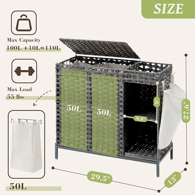 Laundry Hamper with Lid, 110L Rattan Laundry Hamper 2 Section with 50L Storage - Image 3