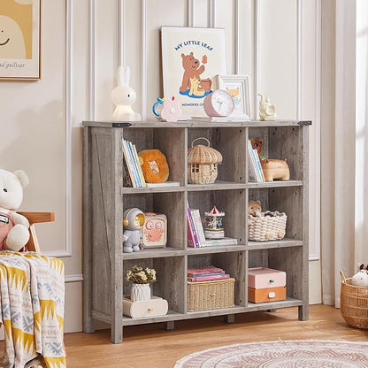 9 Cube Bookcase, Farmhouse 47 Inch Wide Grey Oak Bookshelf, Wooden 3 Tier - Image 8