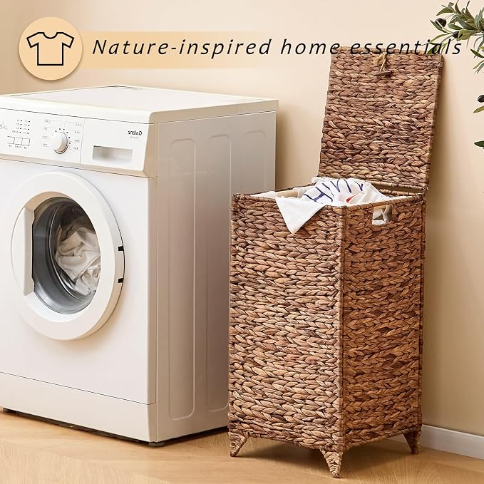 Handwoven Laundry Hamper with Lid, Natural Water Hyacinth Heightened Feet - Image 8