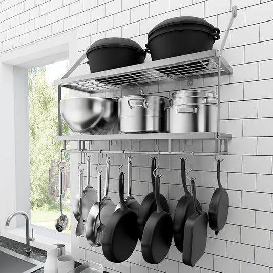 KES 30-Inch Silver Gray Pot Rack Wall Mounted, 2-Tier Hanging Pot and Pan by KES