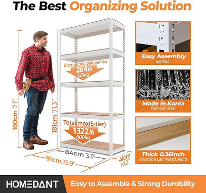 HOMEDANT 5 Tier Storage Shelves Adjustable Laminated Boltless Garage Metal - Image 2