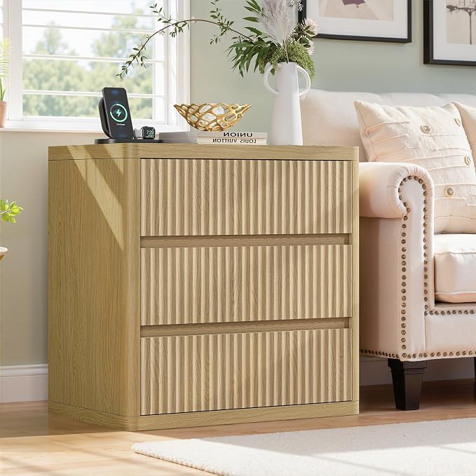Fluted Nightstand with 3 Drawers, Wood Night Stand with Storage， 25" Wide - Image 2