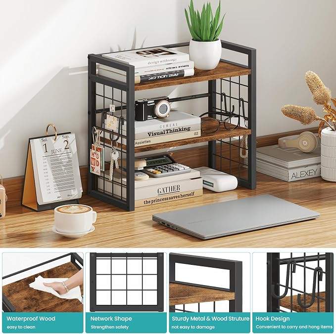 ELITEROO Desktop Shelf Organizer, 2 Tier Wood Desk Bookshelf, Desk Top Storage - Image 4