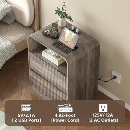 Dresser with 2 Drawers and Charging Station, Fluted Bedside Table with Round - Image 4