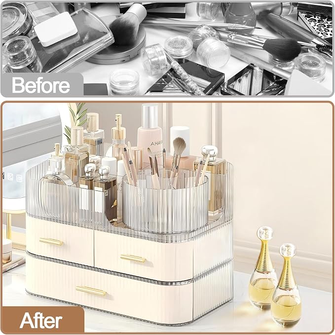 DASITON Makeup Organizer with Drawers and Rotating Makeup Brush Holder - Image 4