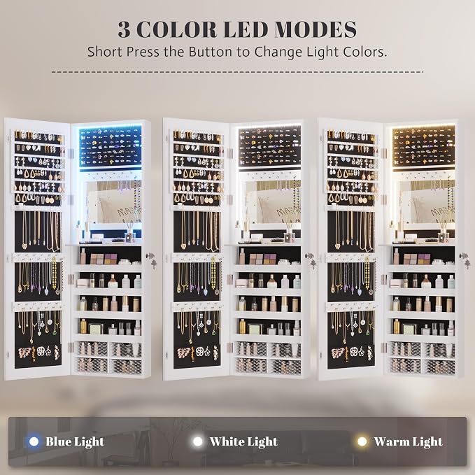Vlsrka 47.2" LED Jewelry Mirror Cabinet, Wall/Door Mounted Jewelry Armoire - Image 4