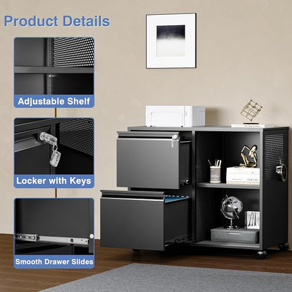 Mobile Lateral File Cabinet, 2 Drawer Filing Cabinet - Image 5