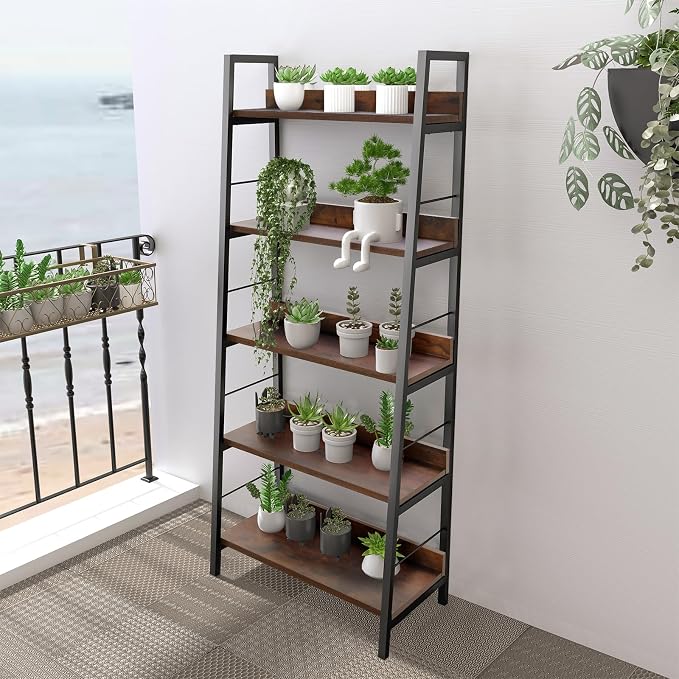 Himimi Ladder Shelf Set of 2, 5-Tier Ladder Bookcase, Industrial Bookshelf Wood - Image 7