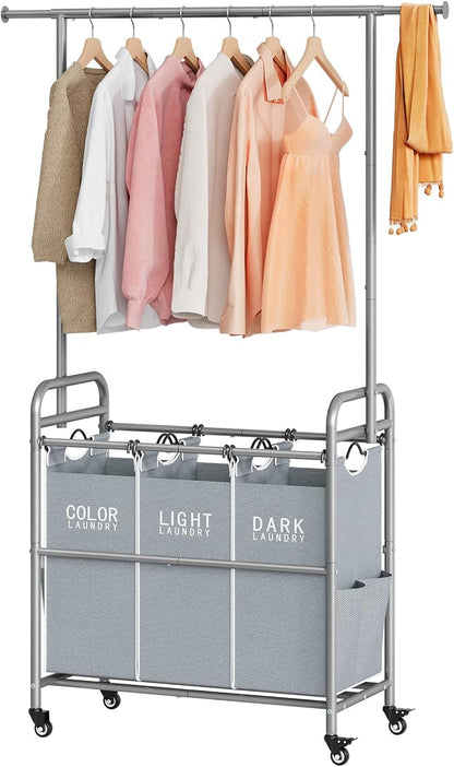 Tajsoon Laundry Sorter with Hanging Bar, 3 Section Rolling Laundry Hamper with by Tajsoon