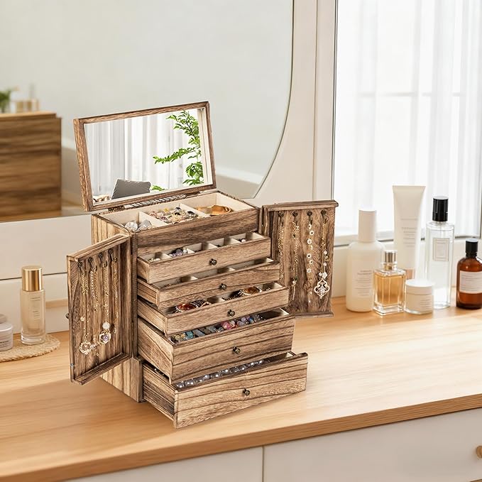 Emfogo Wooden Jewelry Box for Women, 6-Tier Large Jewelry Organizer Boxes - Image 2