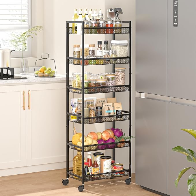 6 Tier Slim Rolling Storage Cart, Narrow Mobile Shelving Unit Organizer Utility by ThreeHio