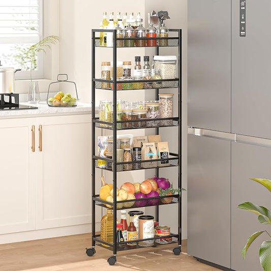 6 Tier Slim Rolling Storage Cart, Narrow Mobile Shelving Unit Organizer Utility by ThreeHio