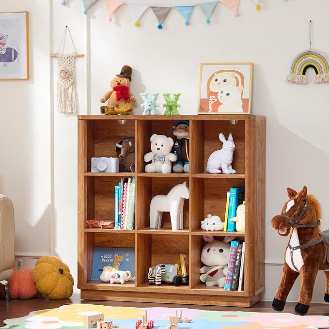 9 Cube Storage Book Shelf, Wood Floor Standing 3-Tier Cubby Bookcase - Image 6