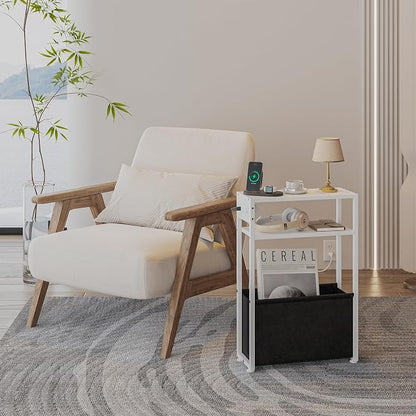 White Side Table with Charging Station, Slim End Tables with Fabric Basket - Image 3