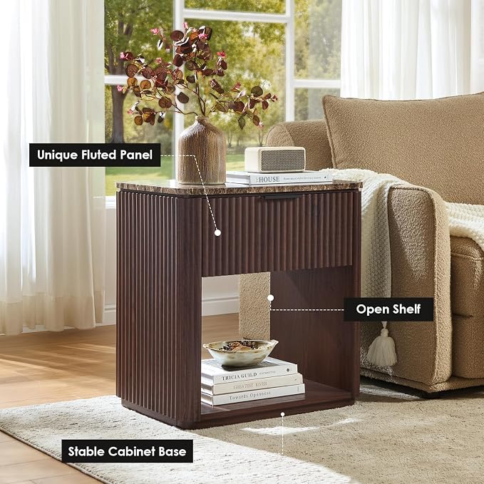 Fluted Nightstand with Drawer, Bedside Table with Faux Marble-Top, Engineered - Image 3