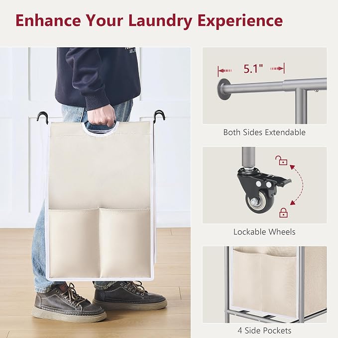 Tajsoon Laundry Hamper with Hanging Rack, 3 Section Laundry Sorter with Heavy - Image 6