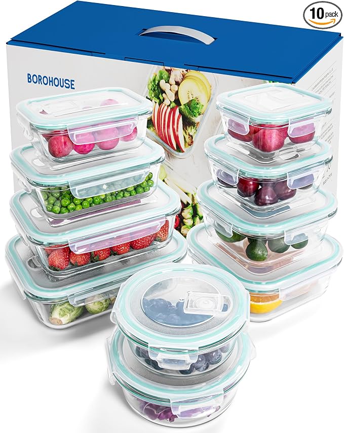 10-Piece Borosilicate Glass Food Storage Containers by BOROHOUSE