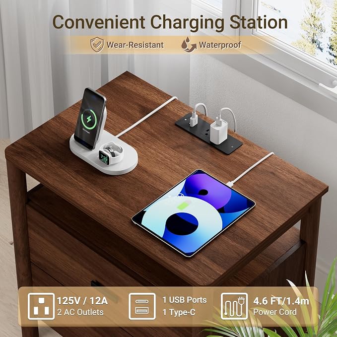 Night Stand Set of 2 with Charging Station, 2 Drawers End Table with Open Shelf - Image 4