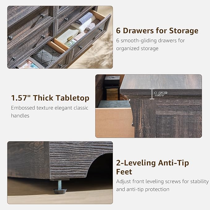 Farmhouse 6 Drawers Dresser for Bedroom, Wooden Dresser TV Stand - Image 5