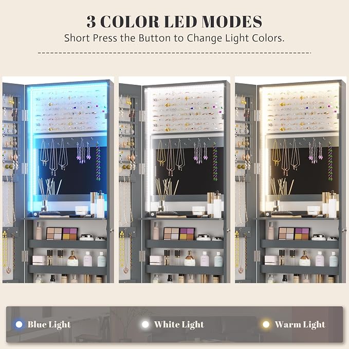 Vlsrka 47.2" LED Grey Jewelry Mirror Cabinet, Wall/Door Mounted Jewelry Armoire - Image 4