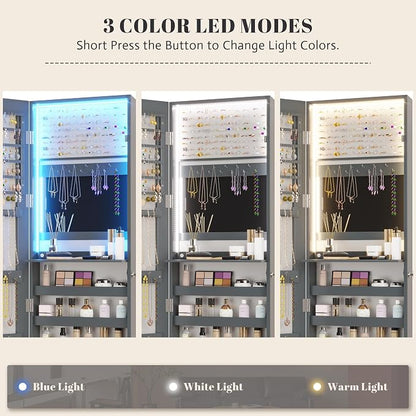 Vlsrka 47.2" LED Grey Jewelry Mirror Cabinet, Wall/Door Mounted Jewelry Armoire - Image 4