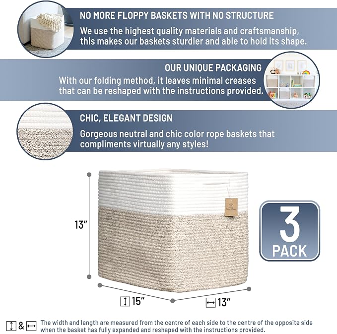 NaturalCozy 13x15x13 Kallax Storage Cubes Bins, 3 Pack | Cotton Rope Cube - Image 2