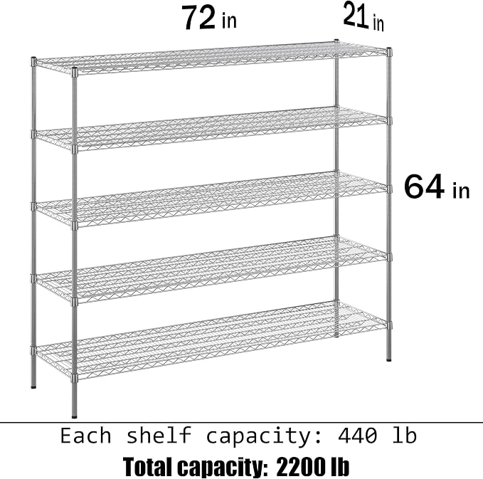 21" Deep x 72" Wide x 64" Height Wire Shelving Kit | 5-Tier | NSF Commercial - Image 3