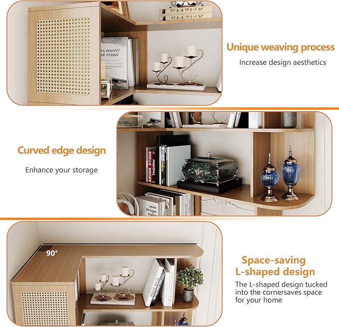 Corner Shelf with Storage Cabinet, 7-Tier Corner Bookshelf, Farmhouse L Shaped - Image 4