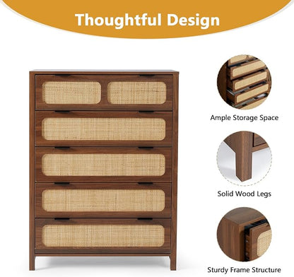LEVNARY 5 Drawer Chest Dresser, Rattan Tall Dresser 5 Chest of Drawers Dressers - Image 4