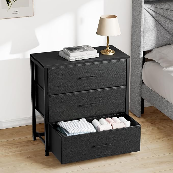 Nightstand with 3 Drawers for Bedroom, Storage Dresser with Fabric Drawers and by MEMOBARCO