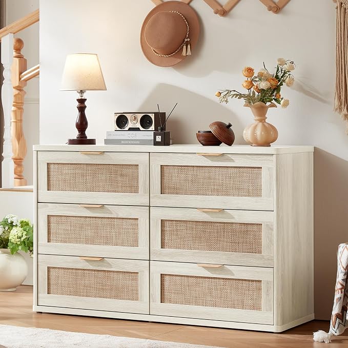 LEYAOYAO Rattan Dresser for Bedroom Set of 2, Boho 48" Wide White Dresser Chest - Image 2