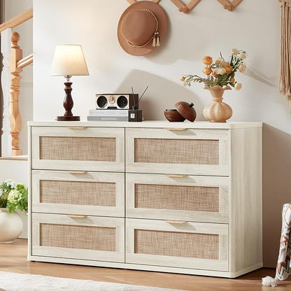 LEYAOYAO Rattan Dresser for Bedroom Set of 2, Boho 48" Wide White Dresser Chest - Image 2