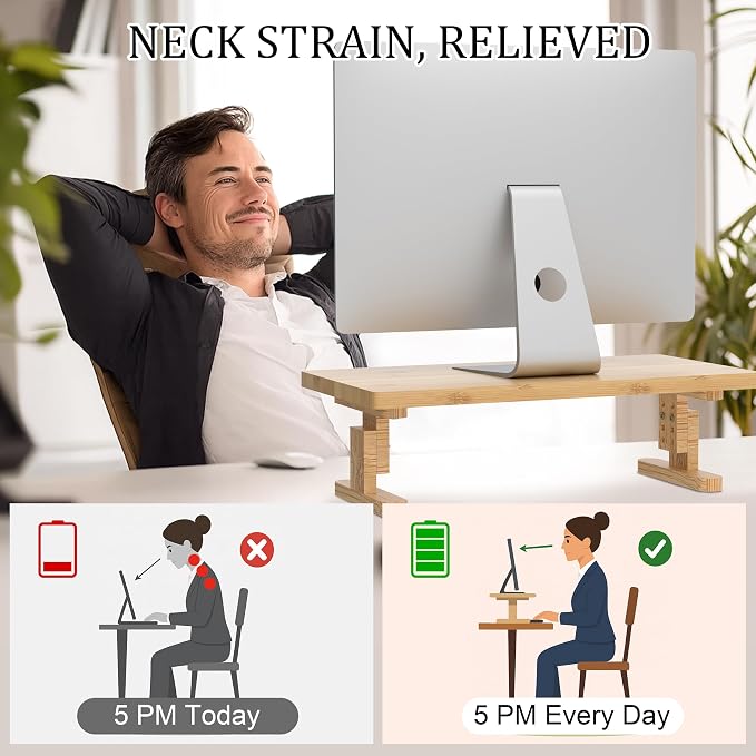 Bamboo Monitor Stand Riser for Desk, Height Adjustable Computer Riser & Laptop - Image 5