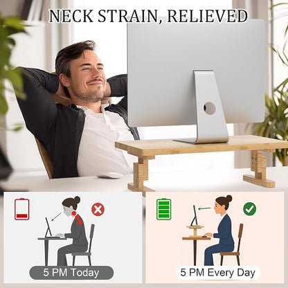 Bamboo Monitor Stand Riser for Desk, Height Adjustable Computer Riser & Laptop - Image 5