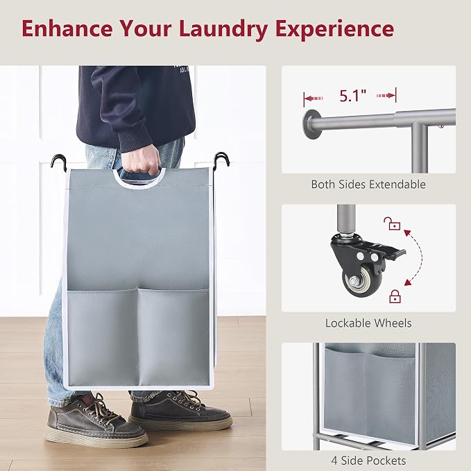 Tajsoon Laundry Sorter with Hanging Bar, 3 Section Rolling Laundry Hamper with - Image 6