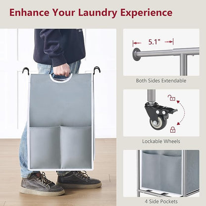 Tajsoon Laundry Sorter with Hanging Bar, 3 Section Rolling Laundry Hamper with - Image 6