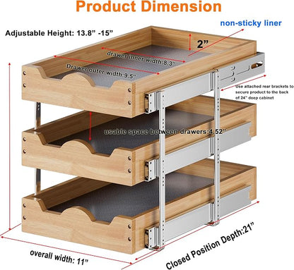 DINDON 3 Tier Pull Out Cabinet Organizer 11” W X21” D Slide Out Wood Drawer - Image 2