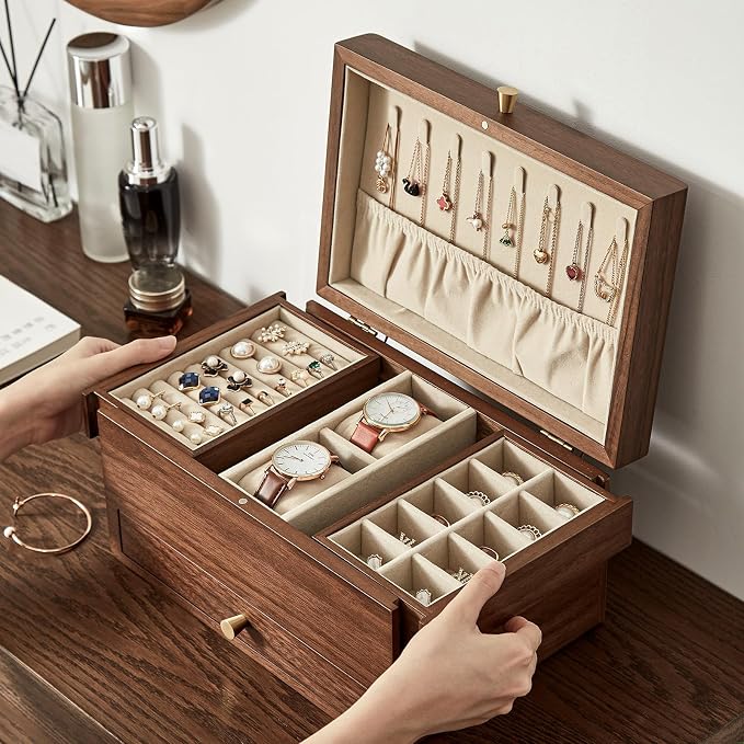 Wooden Jewelry Box for Women, 3 Level Multi-functional Drawers Black Walnut - Image 5