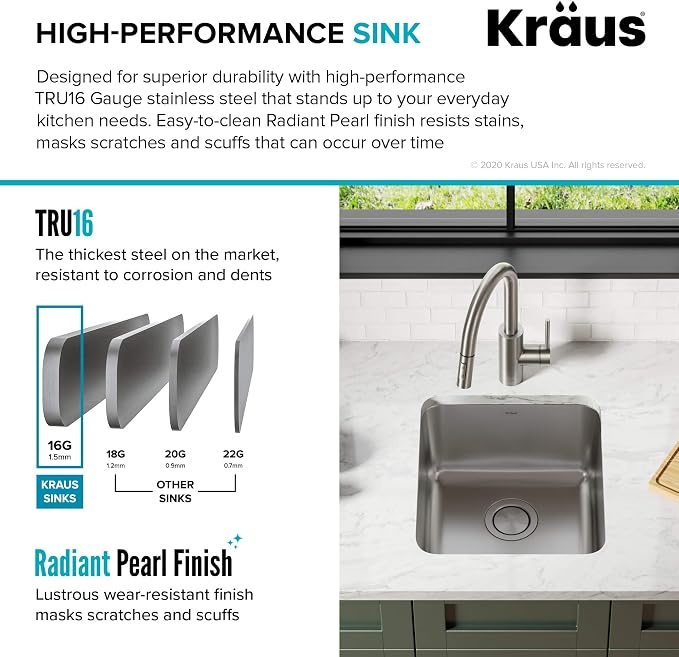 KRAUS Dex 17-inch Undermount 16 Gauge Stainless Steel Single Bowl Kitchen Sink - Image 4