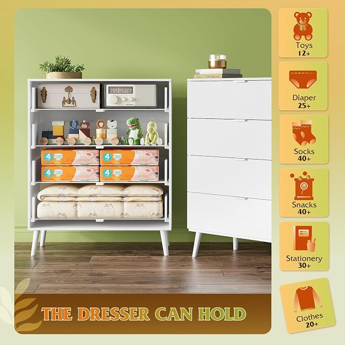 WLIVE 4 Drawer Dresser for Bedroom, Wooden White Tall Dresser, Modern Dressers - Image 5