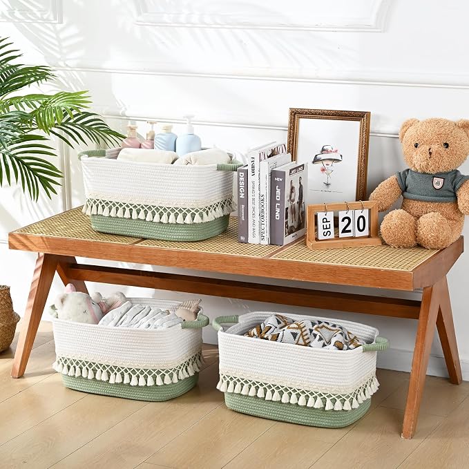 2 Pack Storage Basket, Heavy Tassel Woven Baskets - Image 5