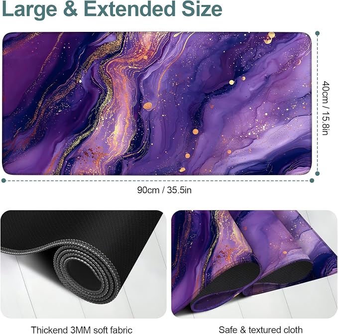 Purple Gaming Mouse Pad 35.4"x15.7"Desk Mat Anti-Slip Rubber Base & Durable - Image 2