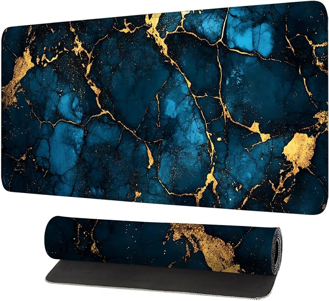 Blue Marble Gold Vein Mouse Pad – Large Extended Desk Mat 31.5 x 11.8 in– by LEIWEIHOPE