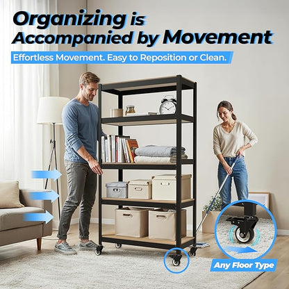 HOMEDANT House 5-Tier Metal Boltless Rolling Cart Shelf Rack Casters Heavy Duty - Image 5