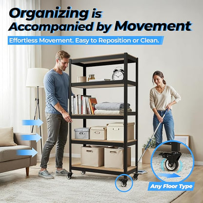 HOMEDANT House 5-Tier Metal Rolling Cart Shelf Rack Casters Heavy Duty Wheel - Image 6