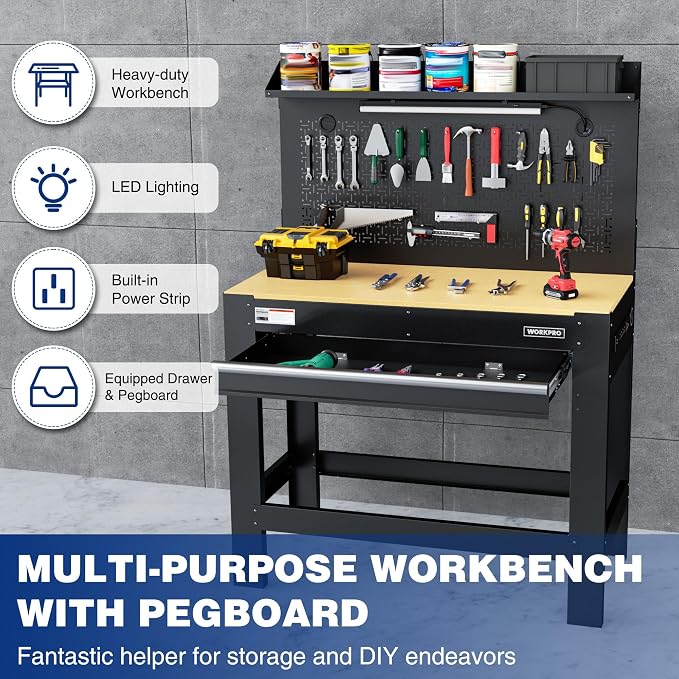 WORKPRO Garage Workbench with Storage, Power Outlets and Light, 800 LBS - Image 3