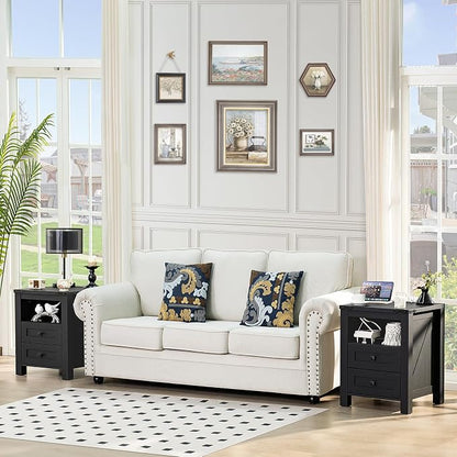Nightstand with Charging Station, Farmhouse Night Stand with 2 Drawers and - Image 5